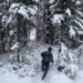 hund oder mann mit rucksack im schnee